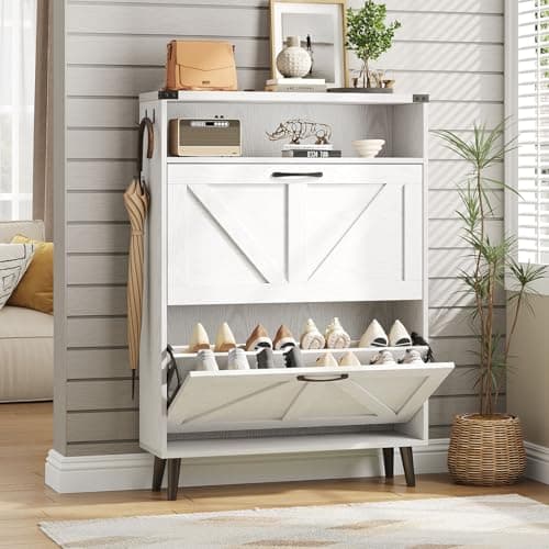 Vabches Shoe Storage Cabinet with 2 Flip Drawers,Freestanding Narrow Shoe Organizer with Open Storage,Hidden Slim Organizer Rack for Entryway,Hallway,White