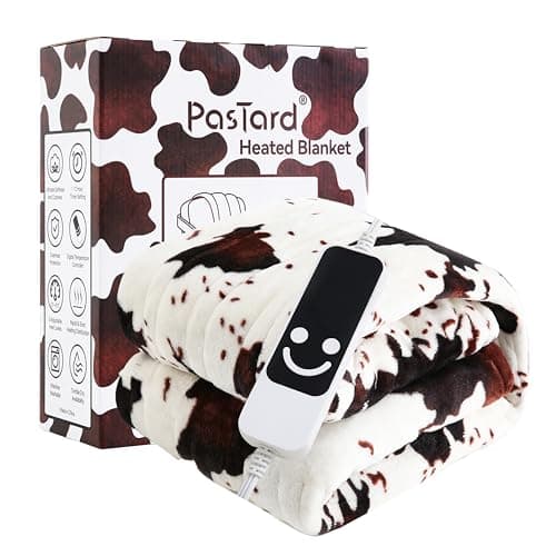Cow Print Heated Electric Blanket 60" x 50" Soft Western Heating Blanket Cozy Throw Fast Heating 1-12H Auto-Off 5 Heat Level Over-Heat Protection