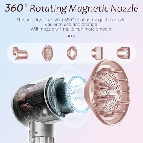 Brushless Powerful Hair Dryer, 1600W 110,000 RPM Fast Drying High Speed Blow Dryer with Negative Ion Technology, Portable Lightweight with Diffuser and Nozzle for Home Salon Travel, Pink 6