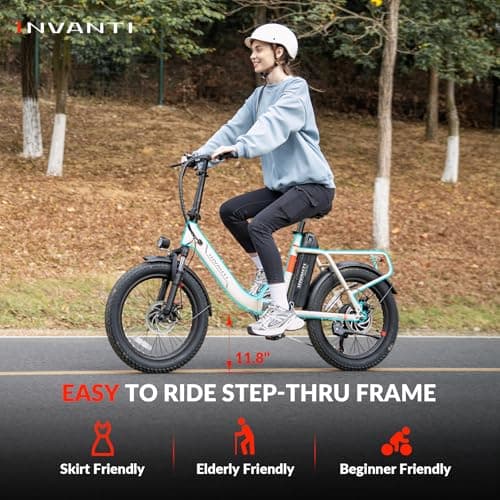 INVANTI Foldable Electric Bike, 1000W Peak Motor Ebikes for Adults, 25MPH Top Speed 45Miles, 20" Step-Thru Fat Tire E-Bike for All Terrains with Rear Rack, Front Suspension Commuting Bicycle, Black 9