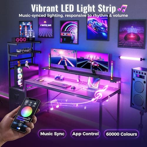 PRAISUN 61.7" Gaming Desk with LED Lights & Outlets, Computer Desk with 3 Fabric Drawers, PC Desk with PC Case Stand & Movable Storage Shelves, Monitor Stand, Reversible, Carbon Fiber Black 6