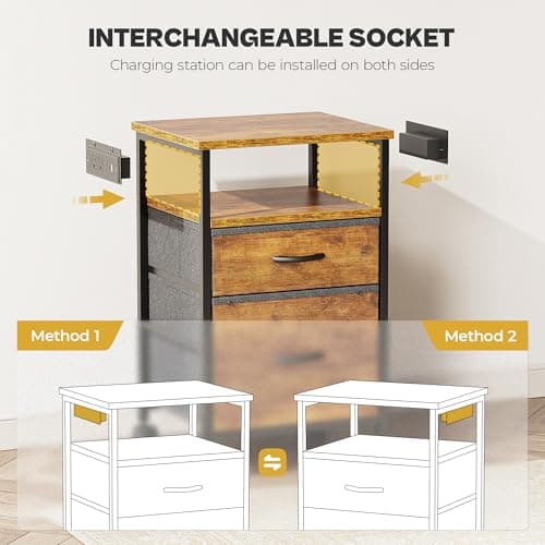 Huuger File Cabinet with Power Outlets, 2 Drawer Filing Cabinet, Printer Stand with Storage, Rolling File Cabinet with Lockable Wheels/Adjustable Feet, Open Shelf, Wood Top, Rustic Brown 5