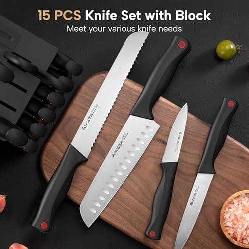 Astercook Knife Set, 15 Pieces Kitchen knives Set with Built-in Sharpener, High Carbon German Stainless Steel Chef Knife Block Sets, Sharp & Rust Resistant Dishwasher Safe, Black 5