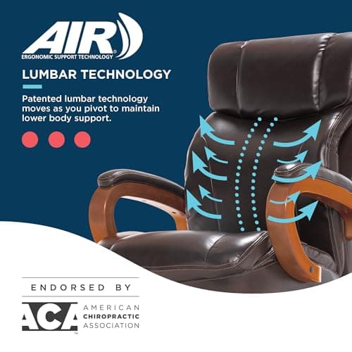 La-Z-Boy Big and Tall Trafford Executive Office Chair with AIR Ergonomic Support Technology, High Back Ergonomic Chair with Lumbar Support, Bonded Leather, Brown 6
