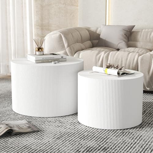 Furnivado Round Coffee Table Set of 2, Modern Wooden White Nesting Coffee Tables for Living Room, No Assembly Required Circle Side Tables Set Accent End Table for Bedroom, Balcony