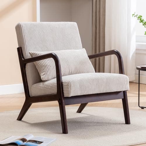 AXMOLM Mid Century Modern Accent Chair, Arm Chair Living Room Chairs with Lumbar Pillow Upholstered Lounge Reading Chair with Solid Wood Frame & Corduroy Fabrics for Living Room Bedroom (Beige)