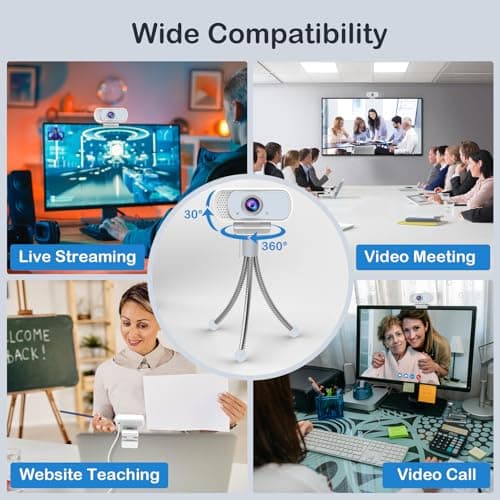1080p White Webcam with Microphone, USB Web Camera 110-Degree View Angle Computer Camera,Webcam Tripod/Privacy Cover/USB C Adapter Include,Plug and Play Web Cam for Video Conferencing Streaming 7