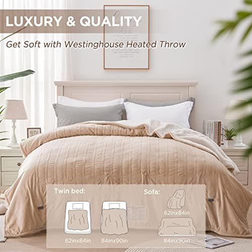 Westinghouse Electric Heated Blanket - Queen Size, Soft Flannel to Sherpa, 10 Heating Levels, 12 Hour Auto Off, Machine Washable, 84x90 Inch, Beige 5