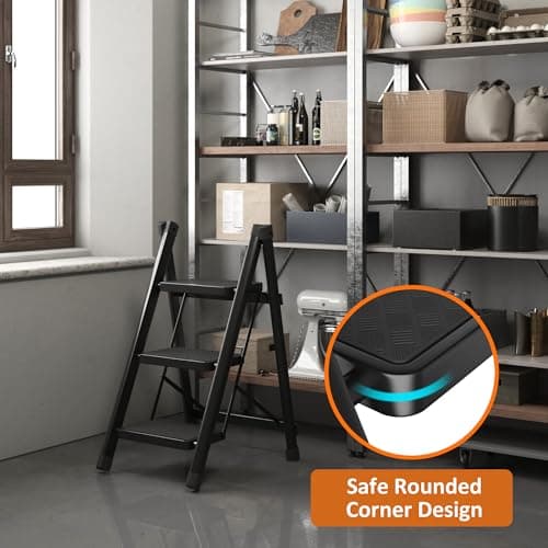 3 Step Folding Ladder, Heavy Duty 3 Step Foldable Ladder Step Stool for Adults with Wide Anti-Slip Pedal, 350LBS Sturdy Steel Ladder Kitchen Ladder Closet Step Stool Ladder Library Ladder, Black 7