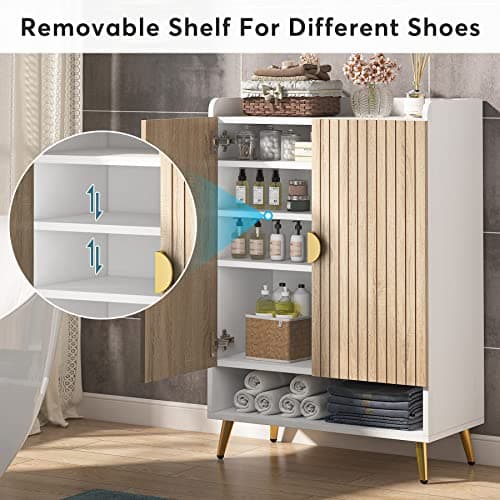 Tribesigns Shoe Cabinet with Doors, 7-Tier Shoe Storage Cabinet with Adjustable Shelves, Wooden Shoes Rack Shoe Storage Organizer for Entryway, Hallway, Closet, Living Room, Wood and Gold 8