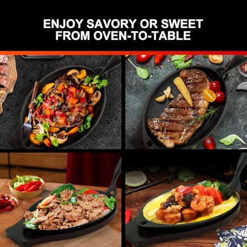 DVK 2 Cast Iron Skillet Set Sizzling Plate With Wooden Base Fajita Skillet With Removable Handle For Home Barbeque Kitchen Service 5