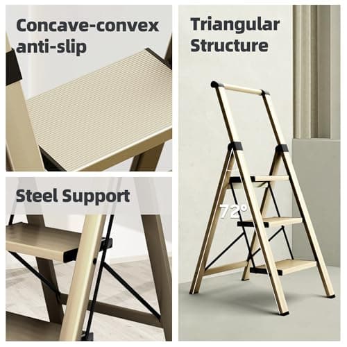HillhutApex 3 Step Foldable Aluminum Step Ladder with Handgrip, Anti-Slip Pedal, 330 lbs Capacity, Lightweight & Portable for Home, Kitchen, Office, Garage (Gold) 6