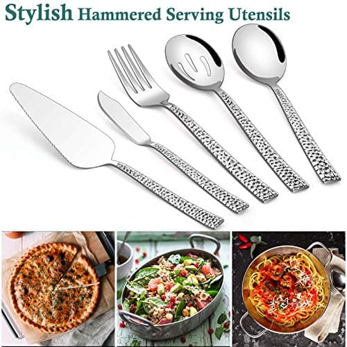 E-far Hammered Serving Utensils, 5-Piece Stainless Steel Square Hostess Serving Set for Buffet Party Kitchen Restaurant, Mirror Finished & Dishwasher Safe 5