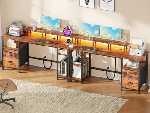 Furologee 61" Computer Desk with Power Outlet & LED Lights, Reversible Gaming Desk with File Cabinet & Monitor Stand for Home Office, Writing Study Table with Storage Shelves and Drawer, Rustic Brown 5