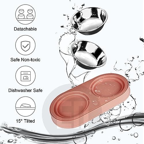 KEVIDEAWL Elevated Cat Food Bowls, Raised Cat Bowl with Stand Stainless Steel, Tilted Bowls Anti Vomiting, Double Cats Food and Water Bowl Set for Cats (Pink) 6