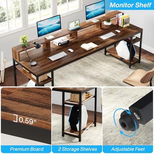 Tribesigns Two Person Desk with Monitor Stand, 78.74" Long Double Computer Office Desk with Storage Shelves, Large Gaming Study Writing Table Workstation for Home Office (Rustic Brown) 7