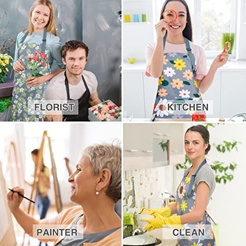 BOUMUSOE 3 Pack Floral Aprons with Pocket, Blooming Womens Aprons Waterproof Adjustable Cooking Aprons for Kitchen Gardening and Salon 6
