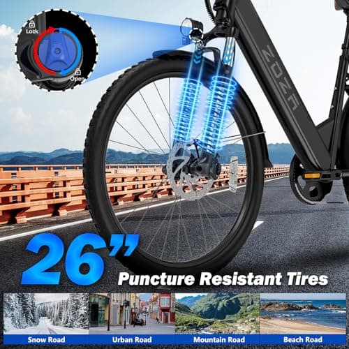 ZDZA Electric Bike for Adults, 1000W Peak Motor, 60 Miles 22Mph Electric Bike, 26" Commuter E Bikes with 48V 10.4Ah Removable Battery, Step-Thru Ebike, Adjustable Stem, 7-Speed & Front Suspension 6