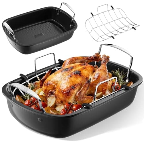 Slow Slog Roasting Pan, 17 Inch x 13 Inch Roaster with Removable Rack, Nonstick Roaster Pan for Roasting Turkey, Meat & Vegetables (Silver)