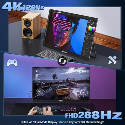 InnoView 27 Inch Monitor Dual Mode 4K UHD 120Hz/FHD 288Hz Portable Monitor for Laptop, USB-C, HDMI Computer Display HDR IPS Gaming Monitor, Kickstand, Speakers, for PC, MAC, Phone, PS4, Xbox, Switch 2