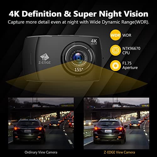 Dash Cam, Z-Edge Dual Dash Cam Front and Rear, 4K Built-in WiFi, Touch Screen Car Camera, FHD 1080P with Night Mode, 32GB Card Included, WDR, G-Sensor, Loop Recording, Support 256GB Max 5