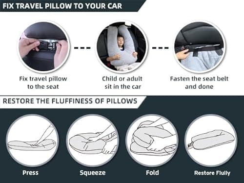 Car Travel Pillow for Adults Kids, Comfortable Sleeping Pillow for Road Trips, Soft Support Cushion for Head and Body in Back Seat, Sleep Aid for Long Car Journeys, Gray 8