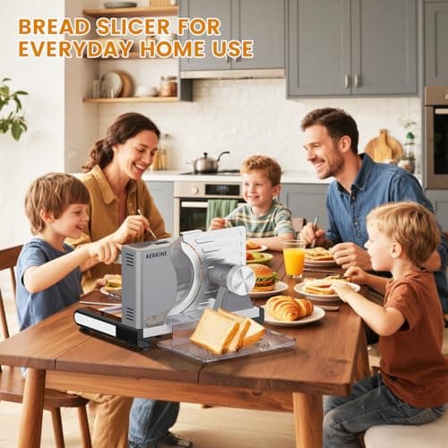 AERKINE Bread Slicer for Homemade Bread - 120W Deli Food Slicer with Removable 6.7" Stainless Steel Blades, 0-18mm Adjustable Thickness, Sourdough Bread Slicer for Homemade & Commercial Use 8