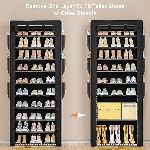 OYREL Large Shoe Rack, Black, 6 Side Pockets, 23.6" Wide x 11.4" Deep x 68.9" Tall, 36-41 Pairs of Shoes 9