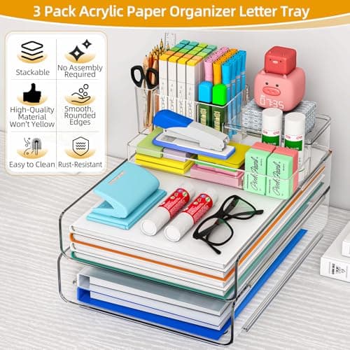 Paper Organizer Letter Tray - Acrylic Stackable Desk File Organizer with 5-Gird Tray and Pencil Holder, Clear File Organizer for Desk, Office Organizer for File Paper, Ipad, Letter, Small Item Etc 5