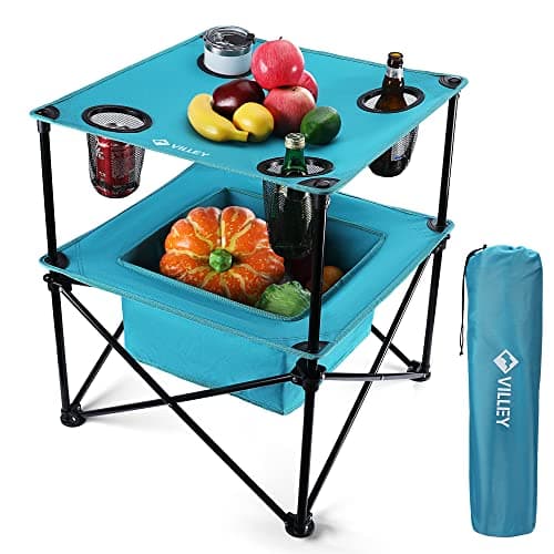 VILLEY Portable Camping Picnic Table, Lightweight Folding Beach Table with 4 Cup Holders and Carry Bag for Camp, Travel, Fishing, and Outdoor Activities