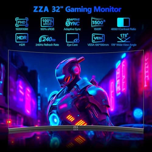 ZZA 32 Inch Curved Gaming Monitor 240hz,1K 1080P Computer PC Monitor with 1500R |1ms (GTG) | HDR 600|Curved|122% sRGB|DP/HDMI|VESA|FreeSync & G-Syn,Mount Business, Office, Casual Gaming Monitors 2