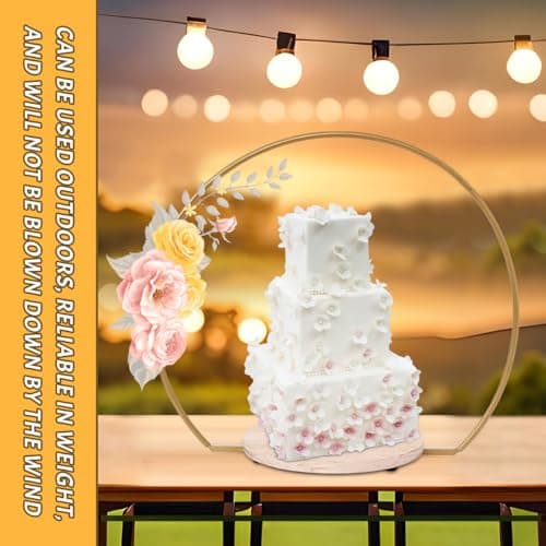 20 Inch Gold Cake Stand with Wooden Stand,Metal Arch Wedding Cake Stand,Floral Hoop Centerpiece and Cake Display Stand for Wedding Birthday Party Events Reception Decorations Supplies 6