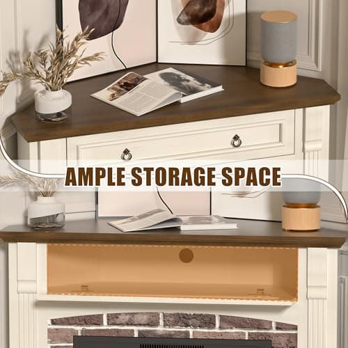 OUTGUAVA Electric Fireplace with Mantel, Corner Fireplace TV Stand, Entertainment Center with Hidden Drawer, Electric Fireplace Heater with Realistic Stacked Stone Surround for Living Room (White) 7