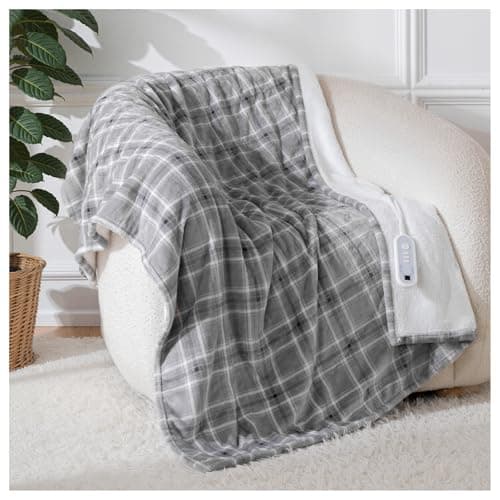 LunaHush Electric Blanket Heated Throw, 50" x 60" Heated Blanket with 8 Heat Levels & 8 Hours Auto Off, Fast Heating Blankets with ETL & FCC Certification, Grey Plaid