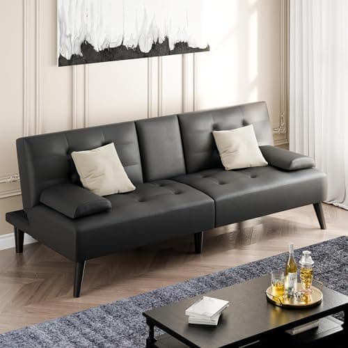 Shintenchi Futon Sofa Bed, Leather Foldable Couch, Reclining Sleeper w/Removable Armrests, Upholstered Loveseat w/Folding Cup Holders for Home, Office, Black