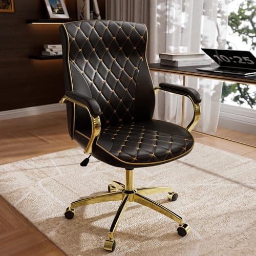 HomeZeer Black and Gold Office Chair with Soft Leather Embroidery, Mid Back Vintage Swivel Executive Desk Chair with Wheels and Padded Arms, Adjustable Height