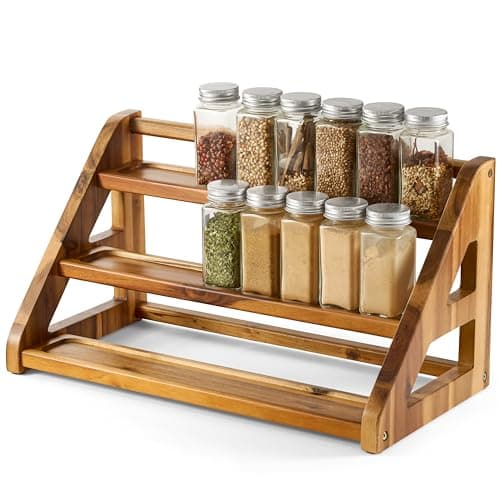 Tinamo Acacia Wood Spice Rack for Countertop - Wooden Tray Holds 24 Jars Spice Racks Organizer for Storage Shelf - 3 Tiered Spice Rack Organizer for Cabinet - Spice Shelf for Kitchen Pantry (Acacia)