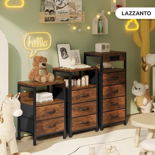 Lazzanto NightStand Bedside Charging Table Bedroom - Brown Night Stand with Charger Station, Modern Bed Side End Table with Open Shelf & 2 Fabric Drawers, USB-C Port for Dorm, Living Room 8