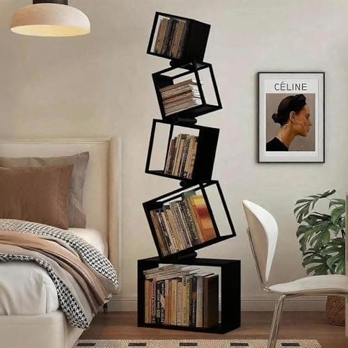 TDDFLO Geometric Bookshelf, 5-Tier Metal Unique Bookcase Modern Bookcase, Corner Bookshelf for CDs/Books/Home Decor -Black