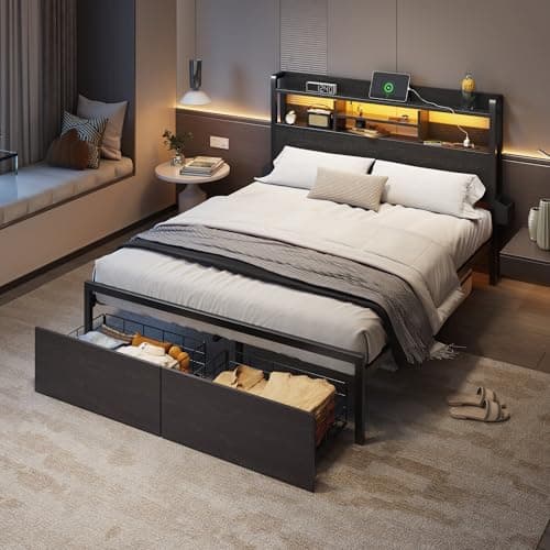 Furnulem Full Size Bed Frame with Wood Headboard, Metal Platform Bed Frame Full Size with 2 Storage Drawers and Shelf, LED Lights and Charging Station, No Box Spring Needed, Noise Free, Black 8