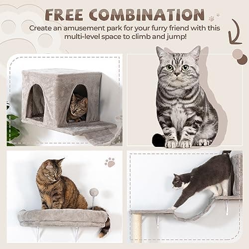 COZIWOW 8-in-1 Cat Wall Furniture Set – Wall Mounted Cat Climbing Wall Shelves with Tree, Perch, Scratching Post and Bridge for Large Cats (Gray) 5