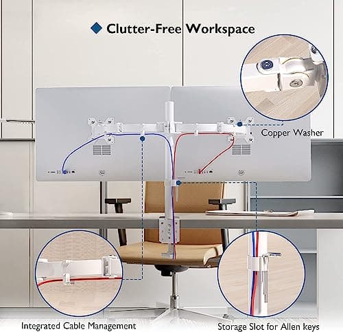 BONTEC Dual Monitor Desk Mount, Full Motion Adjustable White Monitor Stand for 13–27 Inch Screens, Heavy Duty Arms Hold 22 lbs Each, VESA 75x75/100x100, C Clamp and Grommet Base, Cable Management 9