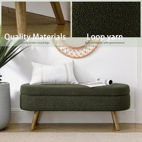 ECLYL Oval Storage Bench 43.5" Linen Fabric Upholstered Entryway Bench with Solid Wood Legs Ottoman Bench Indoor Bench for Living Room/Bedroom/End of Bed/Entryway (Dark Green) 8