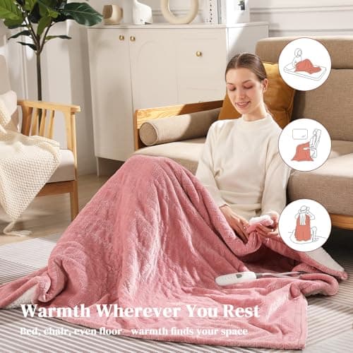 Electric Throw Blanket Heated Throw 50''x60''- Wheat Pattern Flannel & Sherpa Heated Lap Blanket with 5 Heat Settings & 4-Hour Auto Shut-Off, ETL & FCC Certified, Machine Washable Home Use, Pink 6