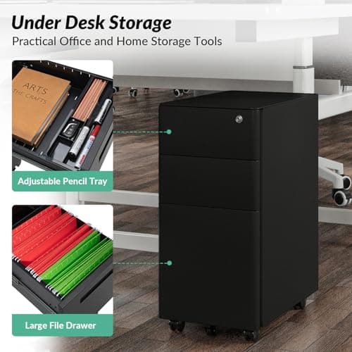 EcoHarbor Living 3 Drawer Small File Cabinet with Lock, Metal Filing Cabinets for Home Office, Anti-Tilt Rolling and Under Desk Cabinet for Letter/Legal/A4 File, Pre-Assembled, Black 4