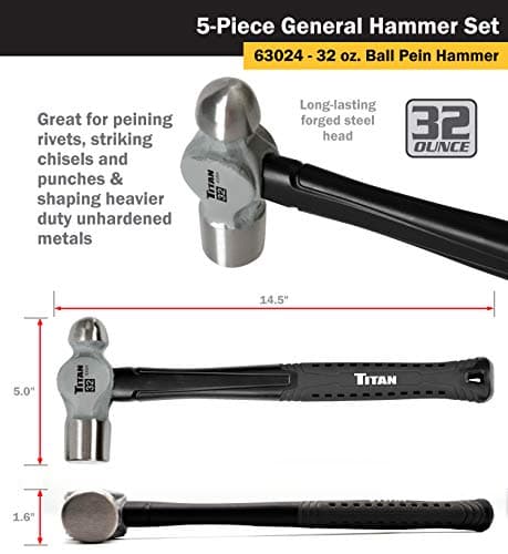 Titan 63125 5-Piece Hammer Set, Includes 16oz & 32oz Ball Pein, 32oz Rubber Mallet, 3lb Sledgehammer, & 3lb Cross Pein, Shock Absorbing Fiberglass Handles with Textured Grips 6
