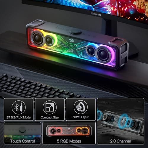 Redragon GS817 RGB Desktop Soundbar, 2.0 Channel Stereo Speakers for Desktop w/Massive 30W Max Power, Touch-Control, Bluetooth 5.3 & 3.5mm AUX Inputs, Black 7