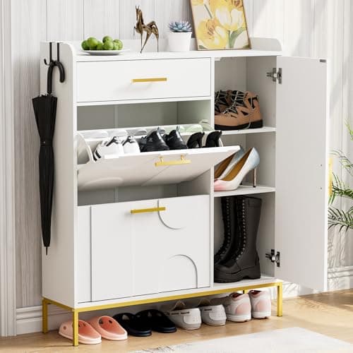 Glavbiku Shoe Storage Cabinet, Large Shoe Cabinet with Drawer, 2 Flip Drawers and Side Door, Shoe Rack Cabinet with Shelves, Shoe Organizer for Entryway, Hallway, Living Room