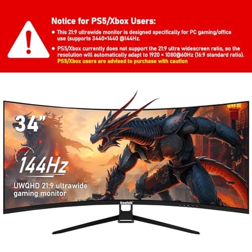 Gawfolk 34 Inch Ultrawide Curved 144Hz Gaming Computer Monitor 1500R PC Screen 21:9 UWQHD (3440x1440),Adaptive Sync,178° Viewing Angle,Display Port、HDMI2.0,Compatible with Wall mounting - Black 2