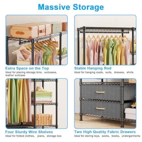 Ulif F3 Heavy Duty Clothes Rack（With Fabric Drawers）Freestanding Clothing Racks for Hanging Clothes，Adjustable Closet Organizer System，Portable Garment Rack 40" W x 15" D x 72" H，Max Load 700LBS，Black 6